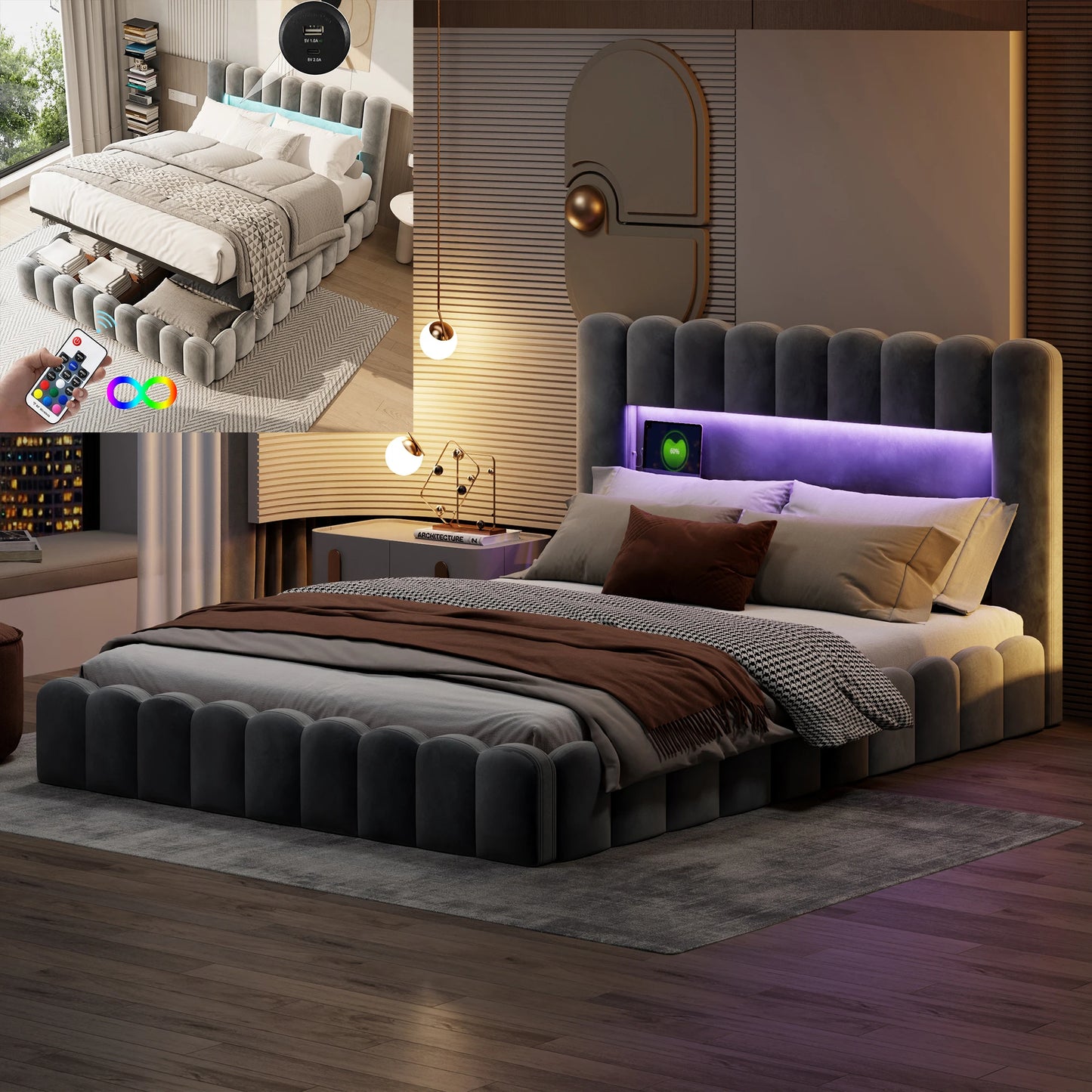 Rosahqnda Hydraulisches Doppelbett 180 x 200 cm, LED & USB Bett mit Stauraum, gepolstertes Gästebett, Jugendbett, Samt