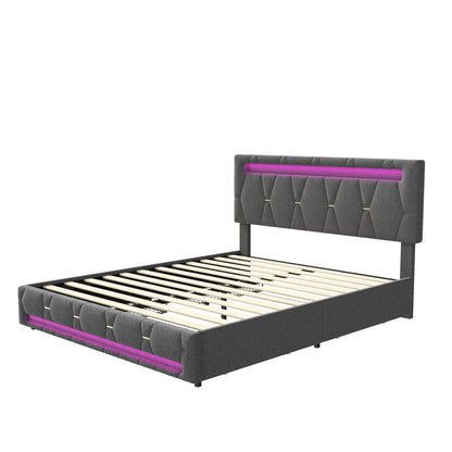 Rosahqnda Polsterbett 140 x 200 cm, Doppelbett mit LED-Beleuchtung, 4 Schubladen und Lattenrost, USB-Ladefunktion, hydraulisches Bett