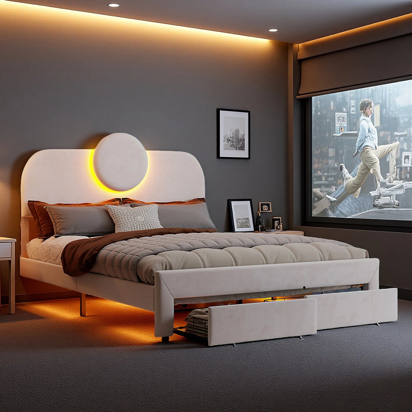 WoodenAura Gepolstertes Doppelbett, 140 x 200 cm mit LED, gepolstertes Bettgestell mit verstellbarem Kopfteil und Lattenrost