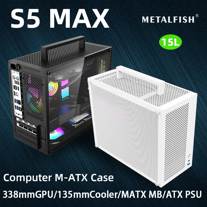 METALFISH S5 MAX Computer Case Gaming PC Chassis Support MATX/ITX 24.5*24.5cm SFX/ATX PSU 135 Mid Tower /180 WaterCooling Cooler.