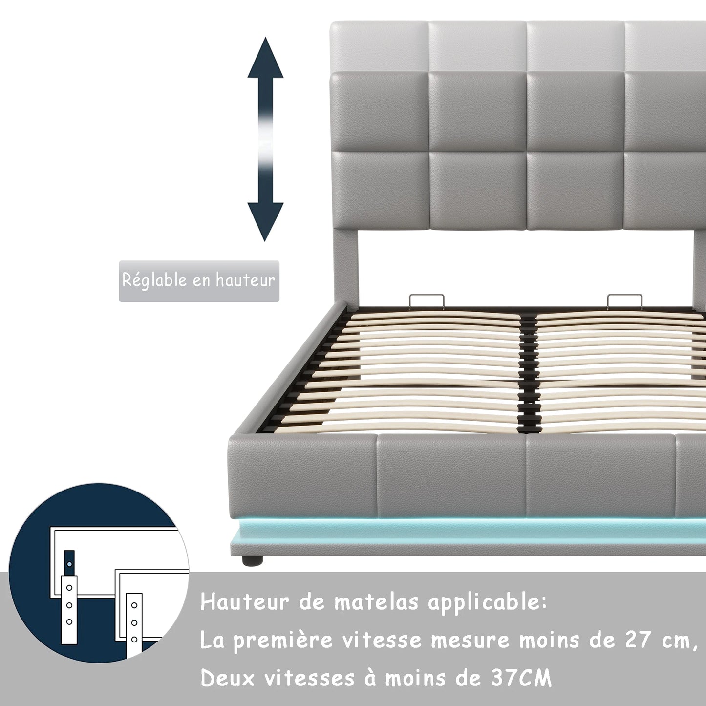 Rosahqnda Hydraulischer Doppelbettrahmen 140*190cm mit LED, Verstellbares Kopfteil, Stauraumbett 140*200cm, Polsterbett, PU