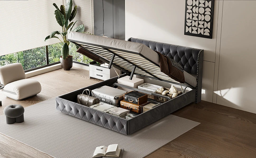 Rosahqnda gepolstertes Doppelbett, 140–160–180 x 200 cm, Stauraumbett, hydraulisches Bett, Erwachsenenbett, Samt, Dunkelgrau