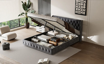 Rosahqnda gepolstertes Doppelbett, 140–160–180 x 200 cm, Stauraumbett, hydraulisches Bett, Erwachsenenbett, Samt, Dunkelgrau