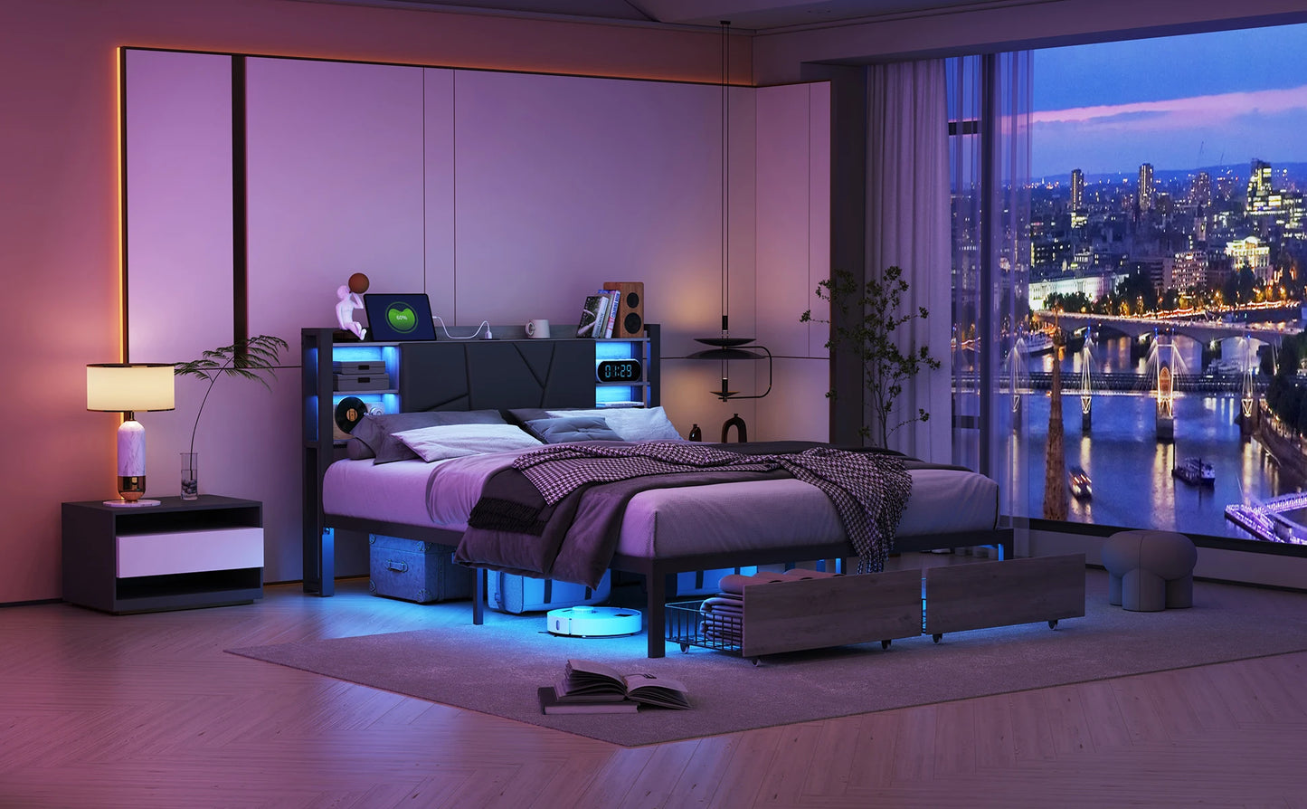 Rosahqnda gepolsterter Doppelbettrahmen 140–160–180 x 200 cm mit 2 Schubladen, Aufbewahrungs-Jugendbett, Gästebett, Apartmentbett, Eisenbett, PU