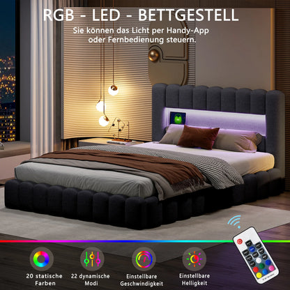 Rosahqnda Polsterbett mit LED- und USB-Anschluss, Leinenbaumstumpfbettgestell mit Kopfteil, 140 x 200 cm großes hydraulisches Bett ohne Matratze