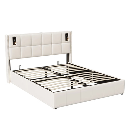 Rosahqnda Polsterbett 160x200 cm mit Stauraum,Kopfteil mit LED-Leselicht,Kupfernieten Modernes Bettgestell,Grauer Samtstoff