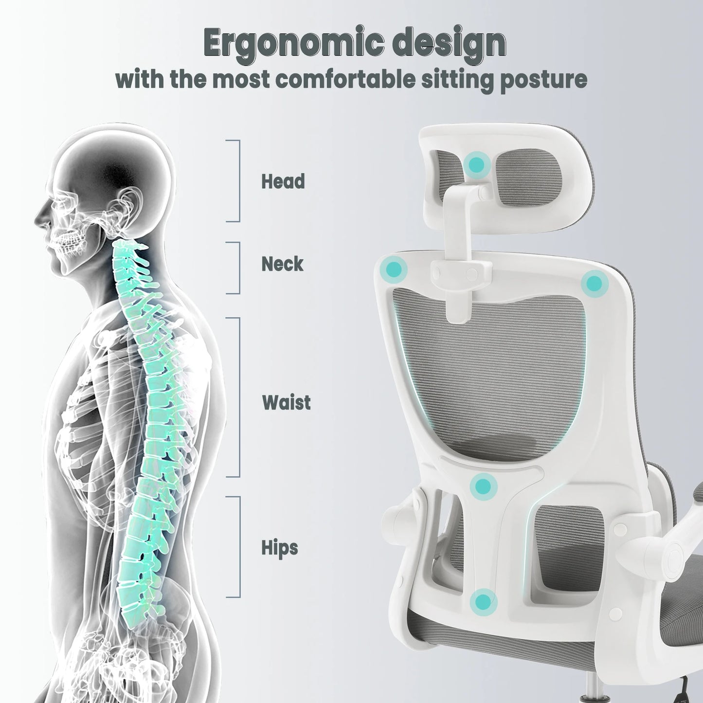 WOLTU Drehbarer Bürostuhl, ergonomischer Netz-Schreibtisch, Computerstuhl, höhenverstellbar, Schaukelfunktion, umkehrbare Armlehnen, Kopfstütze