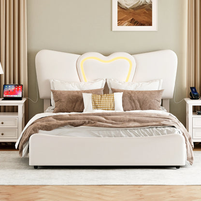 Doppelbett 140x200, LED Stauraumbett mit Lattenrost, Hydraulisch Polsterbett aus Kopfteil Höhenverstellbar, Herzform Kopfteil