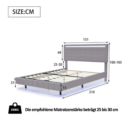 Comanlai Polsterbett 140 x 200 cm, mit LED-Leuchten, mit Lattenrost und Kopfteil, Jugendbett, Doppelbett, ohne Matratze, Grau