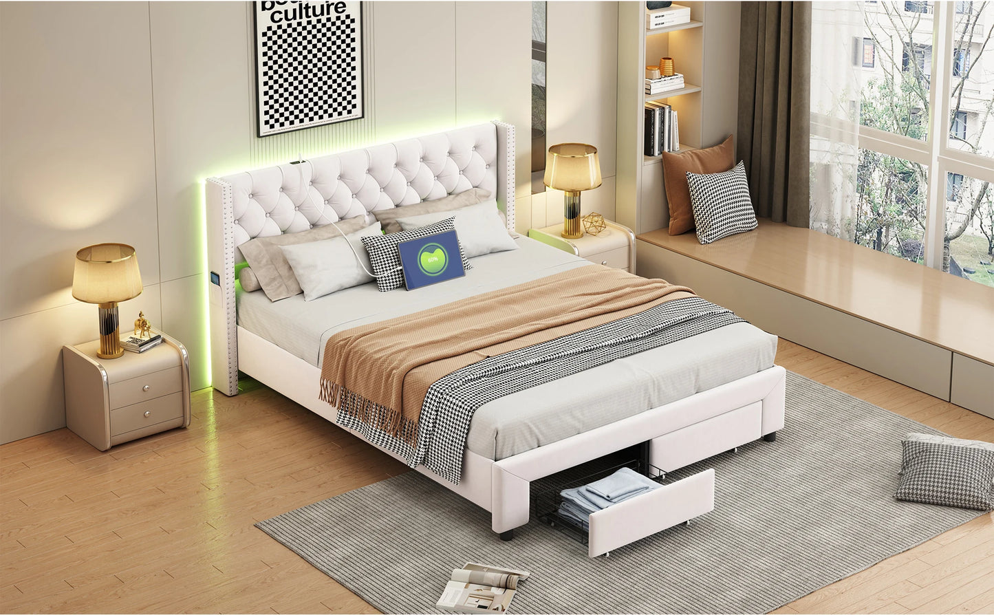 Rosahqnda Modernes Doppelbettgestell 140*190cm Stauraumbett 160-180*200cm mit LED&USB& Schubladen Jugendbett Gästebett Samtbeige