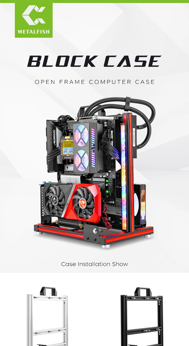 METALFISH BlockCase Aluminum Open Frame Case Support ATX/M-ATX Mainboard GPU Mount Horizontally 240 Water Cooler Gaming Cabinet.