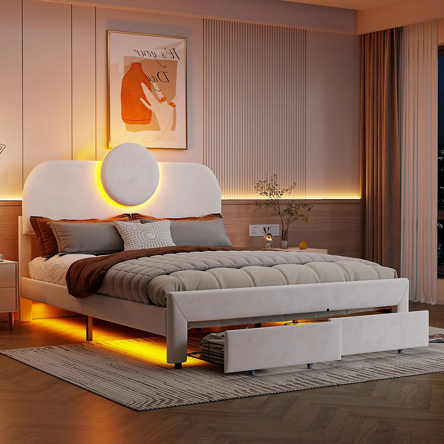 WoodenAura Gepolstertes Doppelbett, 140 x 200 cm mit LED, gepolstertes Bettgestell mit verstellbarem Kopfteil und Lattenrost