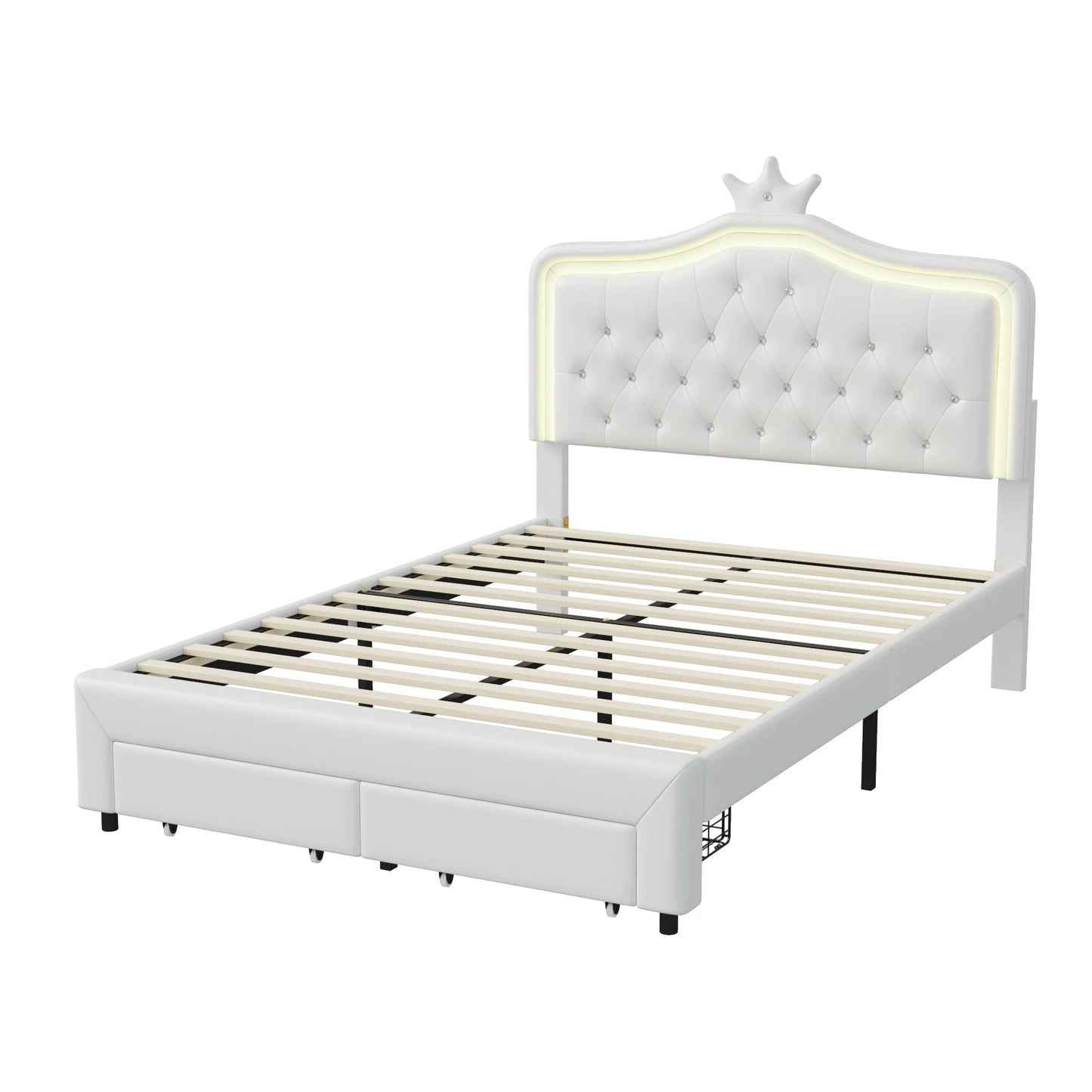 Rosahqnda Kinderbett Kronenform 90/140 x 200 cm, LED und Schubladen, höhenverstellbares Kopfteil, PU, Rosa/Weiß