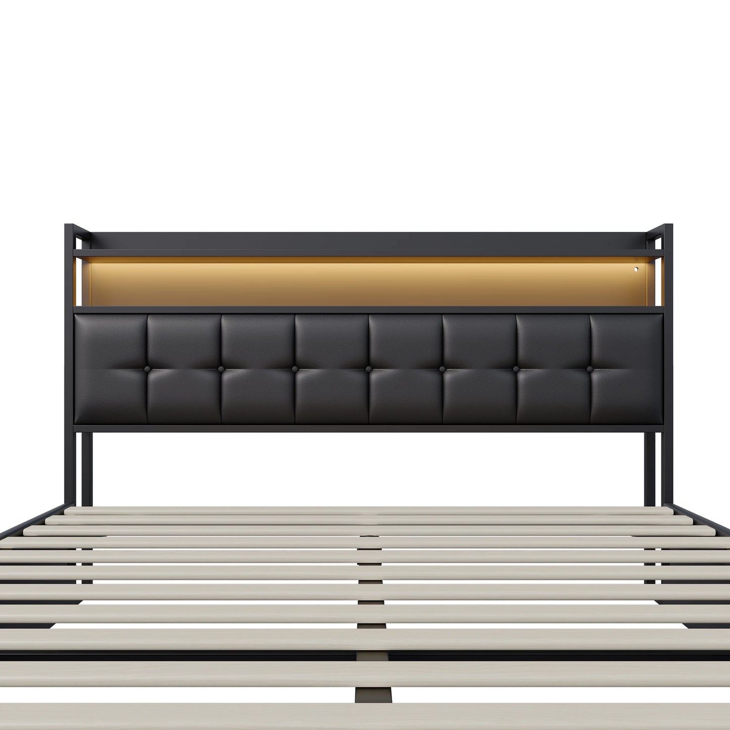 Rosahqnda Polsterbett 140x200 cm mit Lichtleiste, Stauraumbett mit Kopfteil, Doppelbett mit Lattenrost für 2 Personen,PU,Schwarz