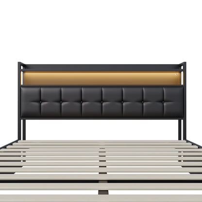 Rosahqnda Polsterbett 140x200 cm mit Lichtleiste, Stauraumbett mit Kopfteil, Doppelbett mit Lattenrost für 2 Personen,PU,Schwarz