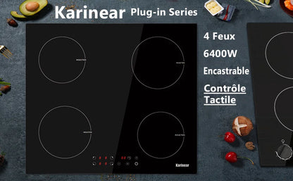 Karinear Built-in Induction Cooktop with 4 Burners with Plug, Touch Control, Timer Safety Lock, 3500W.