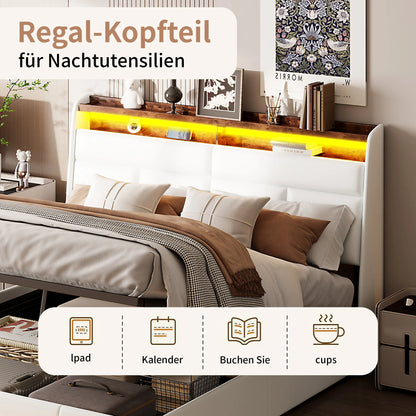 Anajqaqia 160 x 200 cm Polsterbett mit Lattenrost, hydraulisches Bett mit LED-Licht-Kopfteil und Stauraum, PU, Weiß