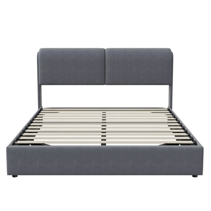 Comanlai Polsterbett, 160 x 200 cm, mit Lattenrost und Stauraum, hydraulisches LED-Bett mit Stauraum, ohne Matratze, Samt, Grau