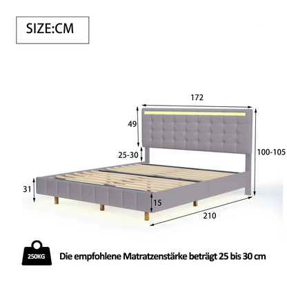 Rosahqnda Polsterbett 140/160x200cm, Doppelbett mit LED, 2 USB, schwebender Bettrahmen, Holzlattenrost, graues Leinen