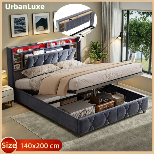 UrbanLuxe Bettgestell 140x200 cm mit LED-Lichtleiste und Dual-USB-Ladeanschluss, Bett mit Stauraum, Lattenrost, Samt, grau