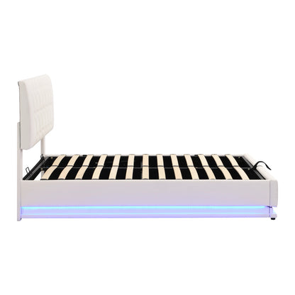 Rosahqnda gepolstertes Doppelbett 140 x 200 cm, LED-Beleuchtung, Doppelbett mit Stauraum, Kinderbett, Jugendbett, weißes PU-Leder