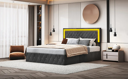 Rosahqnda Doppelbettgestell 140–160–180 x 200 cm, verstellbares LED-Kopfteil, hydraulisches Bett mit Stauraum, gepolstertes Jugendbett, Samt