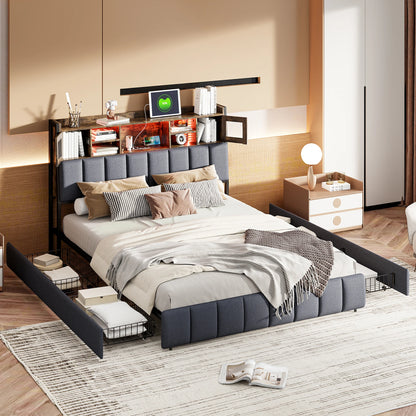 WoodenAura Polsterbett 140x200cm, Doppelbett mit 4 Schubladen, LED Kopfteil mit USB Ladefunktion, Rückenlehne Bett mit Stauraum