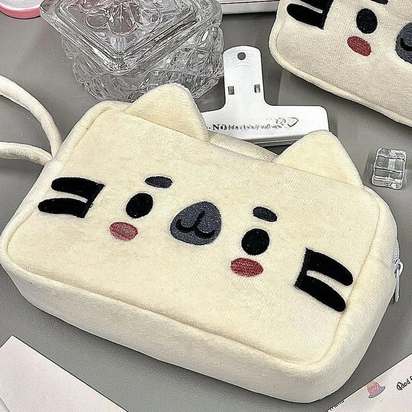 Plush Pencil Case Cute Cat Makeup Bag Large Capacity Portable Plush Animal Stationery Storage Pouch Zipper Closure Pen Case.