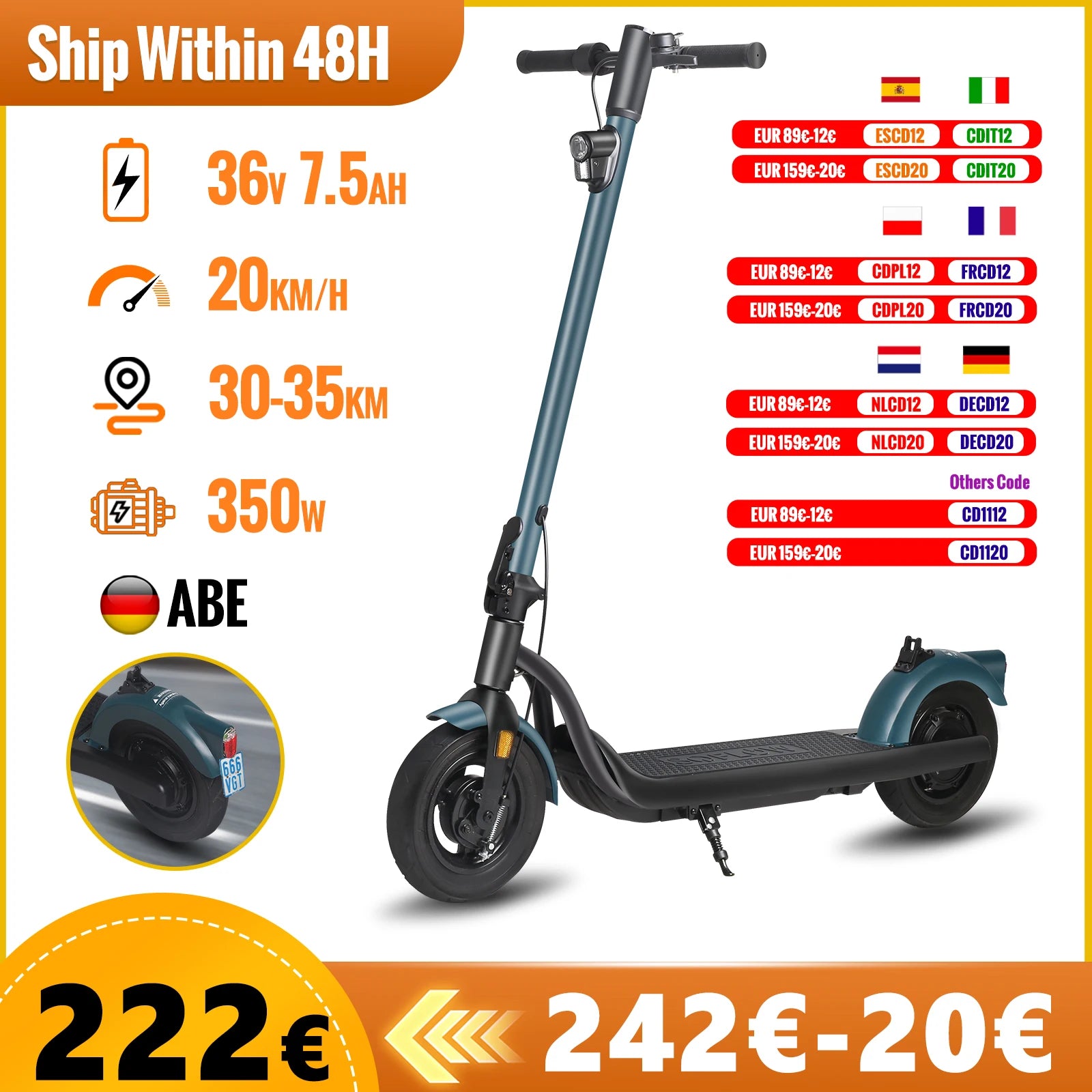 350w Electric Scooter With ABE App 36v Lithium Battery Scooters 20km/h 35km Long Range 10 Inch Tire For Adults Escooter For DE.