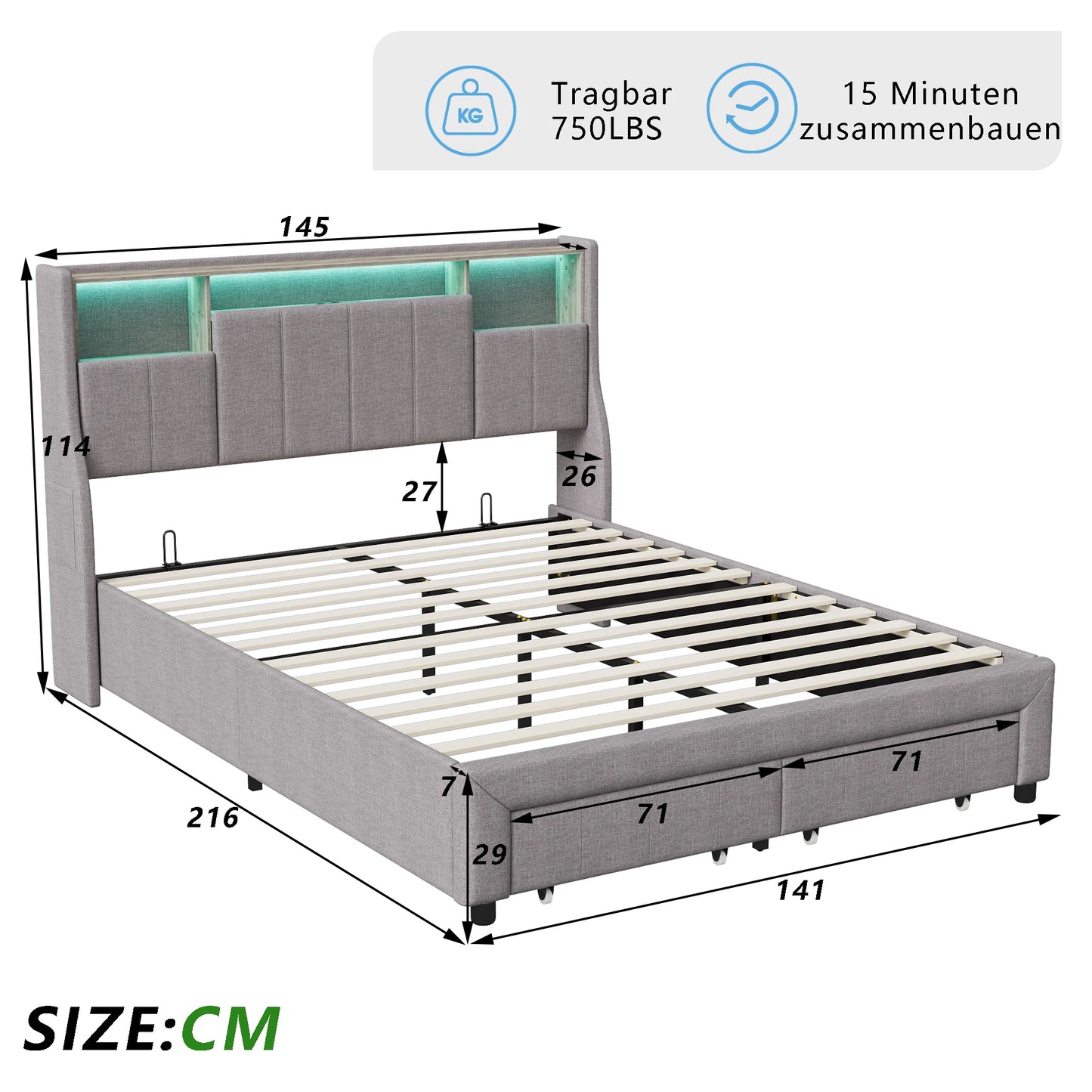 Rosahqnda LED-Polsterbett für Doppelbett mit 2 Schubladen, Kopfteil mit Stauraum und USB, Jugendbett mit Stauraum, Leinen