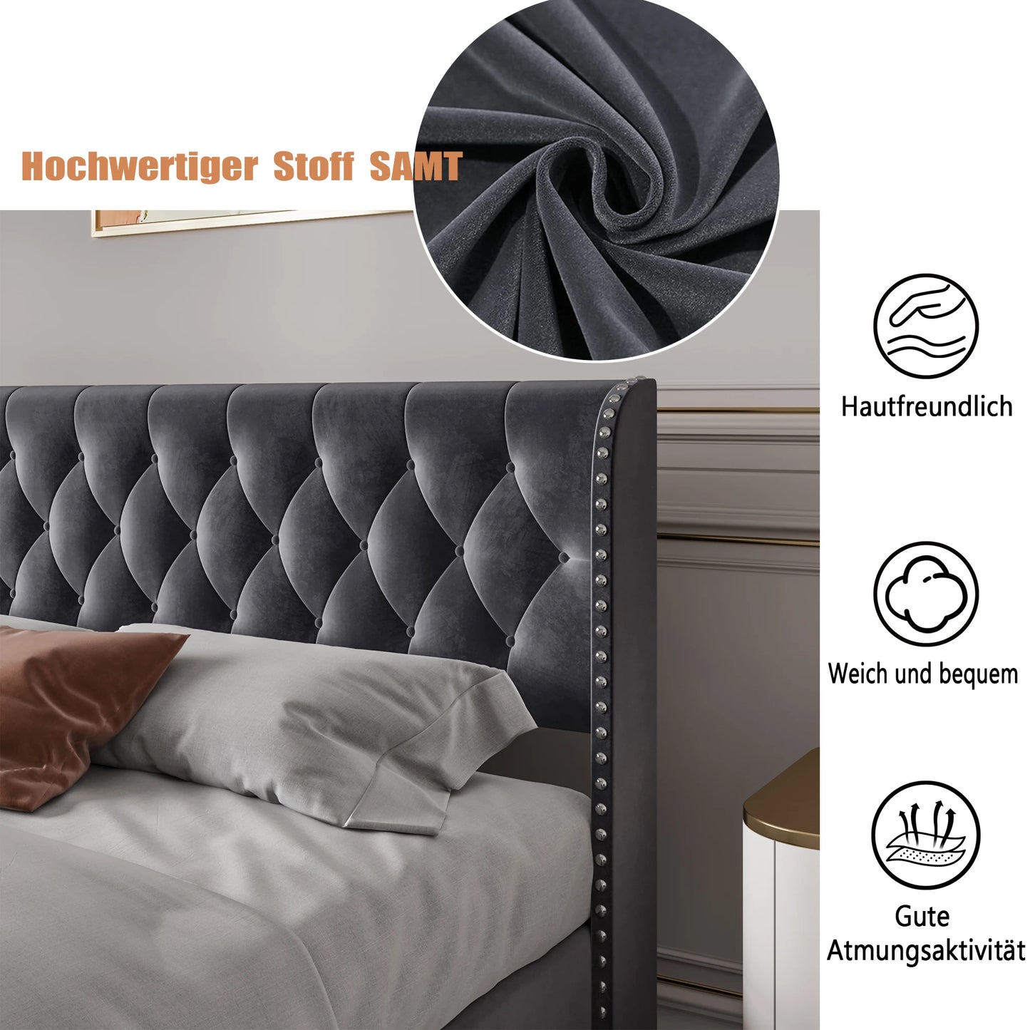 Rosahqnda gepolstertes Doppelbett, 140–160–180 x 200 cm, Stauraumbett, hydraulisches Bett, Erwachsenenbett, Samt, Dunkelgrau