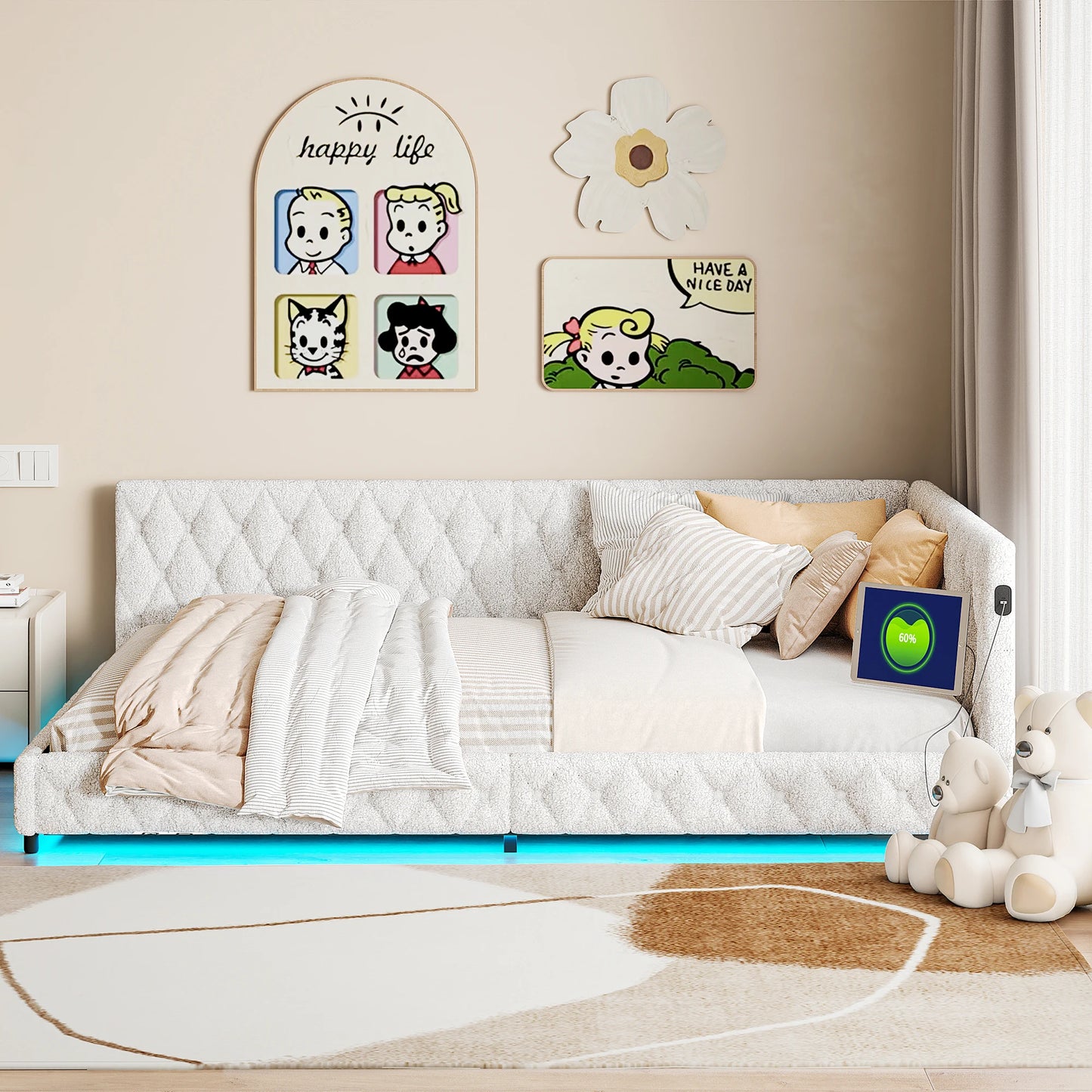 ROSAHQNDA Schlafsofa 140*200cm, modernes LED-Doppelbettgestell mit USB-Ladeanschlüssen, komfortables Plüschmaterial, ohne Matratze