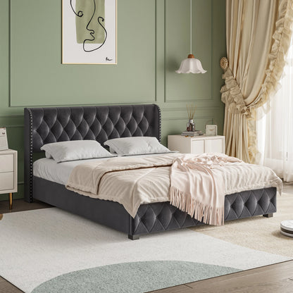 Rosahqnda gepolstertes Doppelbett, 140–160–180 x 200 cm, Stauraumbett, hydraulisches Bett, Erwachsenenbett, Samt, Dunkelgrau