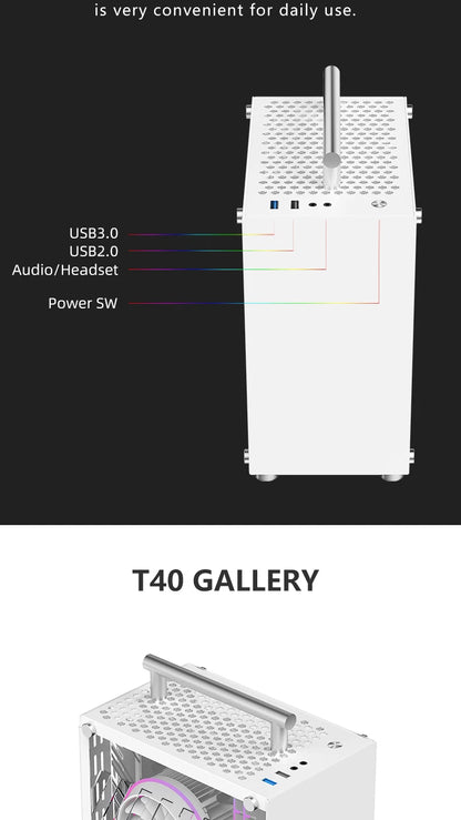 METALFISH T40 Mini ITX Case 7L Gaming Computer White Chassis Compact Transpare PC Support SFX PSU/70mm Cooler With Handle.