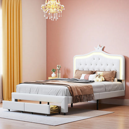 Polsterbett 140x200 cm für Kinder, Prinzessinnenkrone mit LED und Schubladen, Jugendbett mit höhenverstellbarem Kopfteil