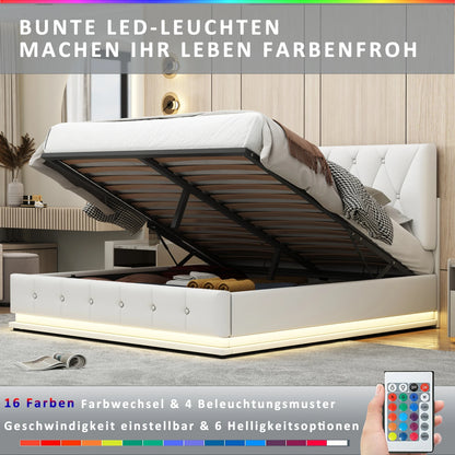 Rosahqnda gepolstertes Doppelbett 140 x 200 cm, LED-Beleuchtung, Doppelbett mit Stauraum, Kinderbett, Jugendbett, weißes PU-Leder