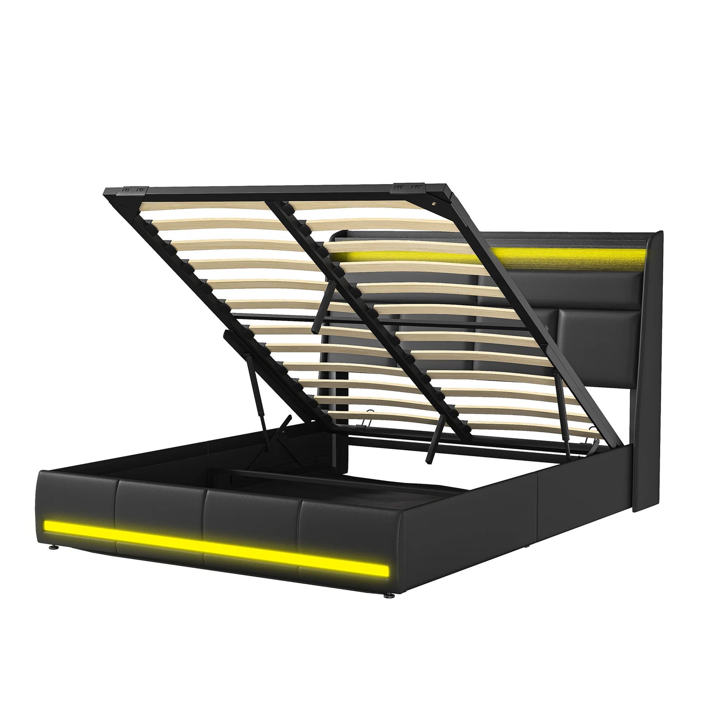 Rosahqnda Doppel-Jugendbettgestell 140–160 x 200 cm mit hydraulischem LED- und USB-Aufbewahrungsbett, Einzelbett, Gäste-/Master-Schlafzimmer, PU, weiß/schwarz