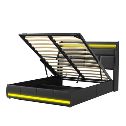 Rosahqnda Doppel-Jugendbettgestell 140–160 x 200 cm mit hydraulischem LED- und USB-Aufbewahrungsbett, Einzelbett, Gäste-/Master-Schlafzimmer, PU, weiß/schwarz