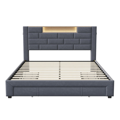 Upholstered Bed 160x200cm with LED and USB Charging Socket,Drawer Storage Bed,Bedside Storage,Adult Livingroom,Gray,Velvet