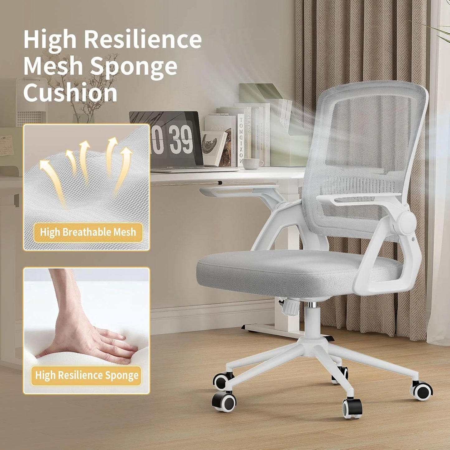 Office Chair Ergonomic Mesh Flip-Up Arms Gaming Chair with Mid Back Cushion Lumbar Support for Home Bedroom Working
