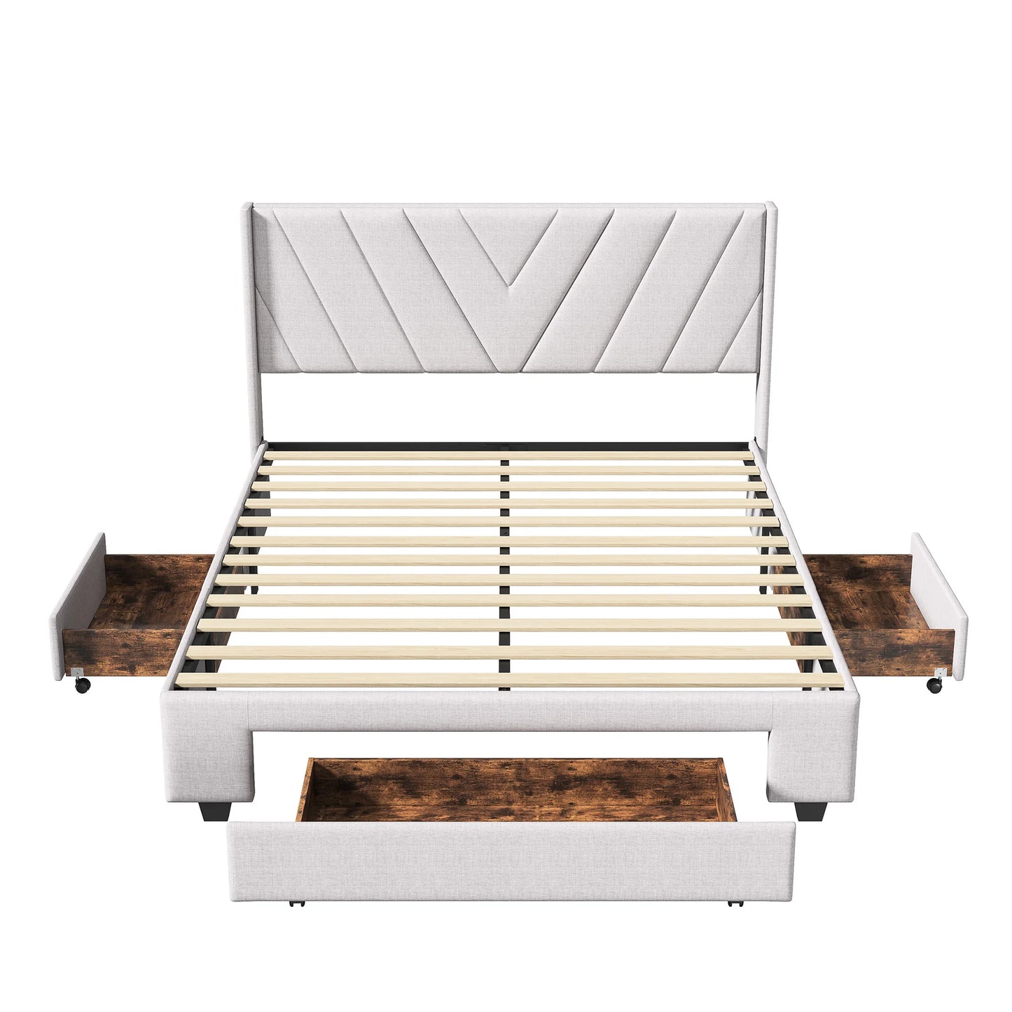 UrbanLuxe Doppelbett 160x200 cm mit 3 Schubladen, Bett mit Stauraum, Lattenrost, Bettgestell, Leinen, Beige, ohne Matratze