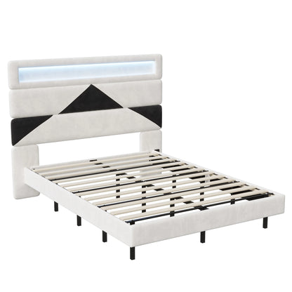 Rosahqnda Double Bed 140x190cm,Upholstered Bed with LED lighting and USB Charging Port,Youth Bed Ajudtable Headboard,WhiteVelvet