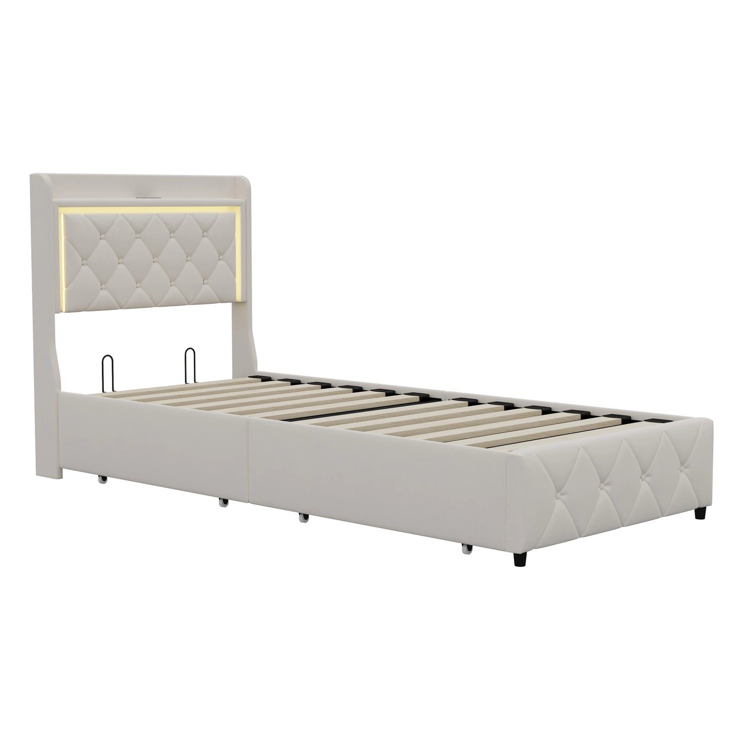 Rosahqnda Polster-Einzelbett 90 x 200 cm mit LED, Jugendbett mit USB/Typ-C, Bettkasten, Holzrahmen, Flanell (ohne Matratze)