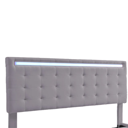 Rosahqnda Polsterbett 140/160x200cm, Doppelbett mit LED, 2 USB, schwebender Bettrahmen, Holzlattenrost, graues Leinen