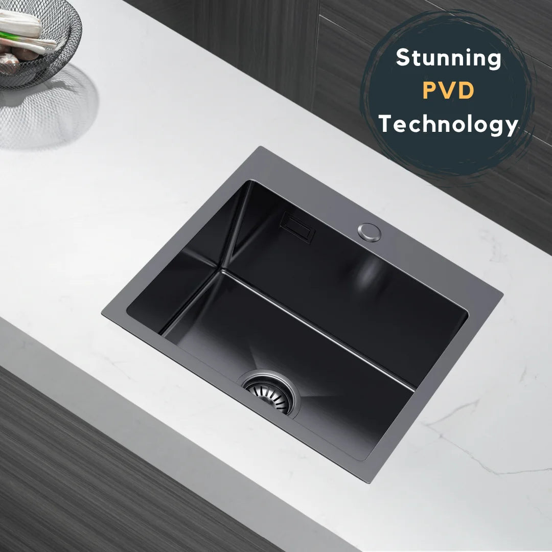 Graphitschwarzes Edelstahlspülbecken 46 x 45 cm – Einzelschüssel-Topmount – mit Abflusssatz, Überlauf und Zubehör