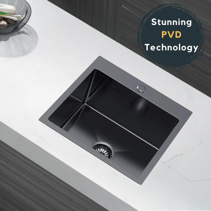Graphitschwarzes Edelstahlspülbecken 46 x 45 cm – Einzelschüssel-Topmount – mit Abflusssatz, Überlauf und Zubehör
