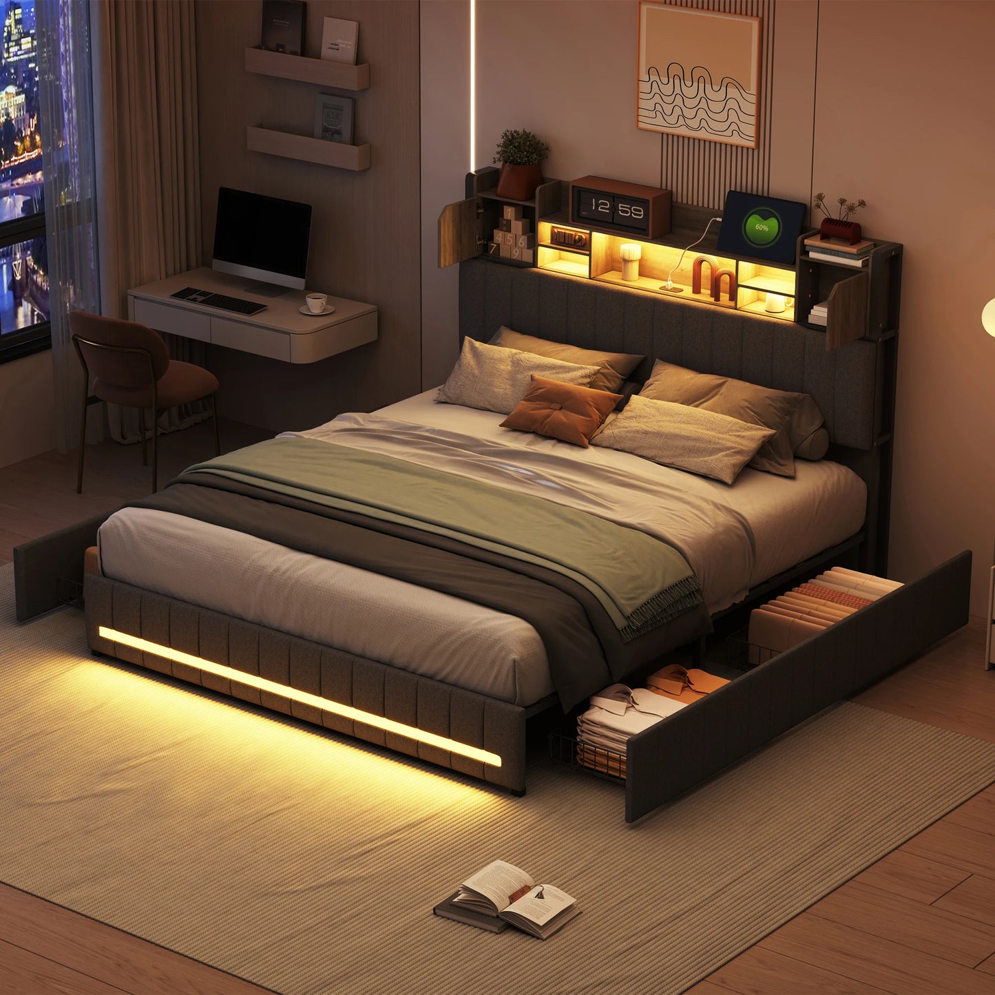 Rosahqnda gepolstertes Doppelbett mit LED-Kopfteil und USB-Anschluss, Stauraumbett mit 4 Schubladen, Leinen, ohne Matratze