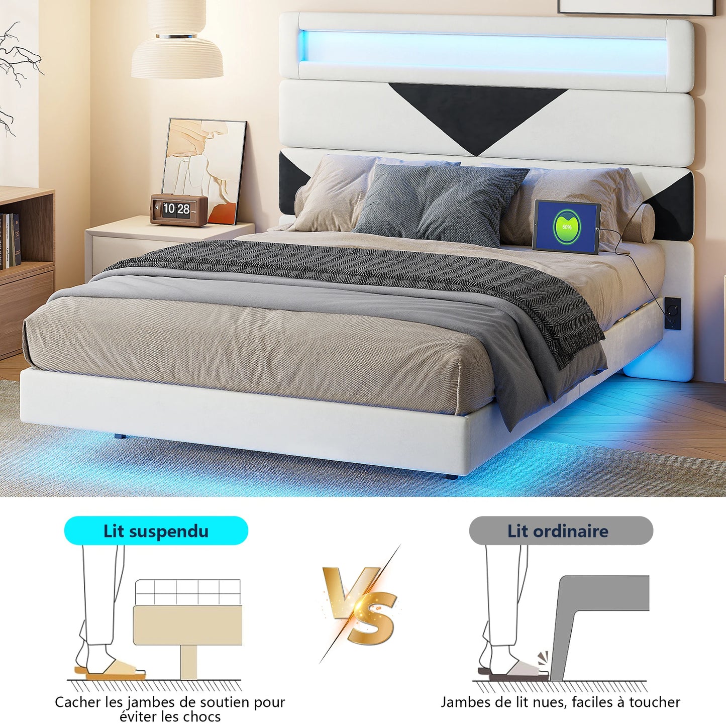 Rosahqnda Bett Doppelbettkopf einstellbar, Ladeanschluss + USB + Typ-c, LED-Leuchtband am Kopf und unten des Bettes