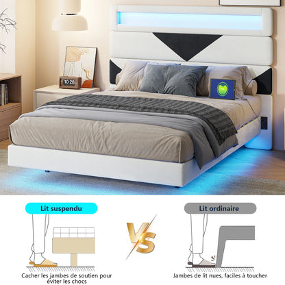 Rosahqnda Bett Doppelbettkopf einstellbar, Ladeanschluss + USB + Typ-c, LED-Leuchtband am Kopf und unten des Bettes