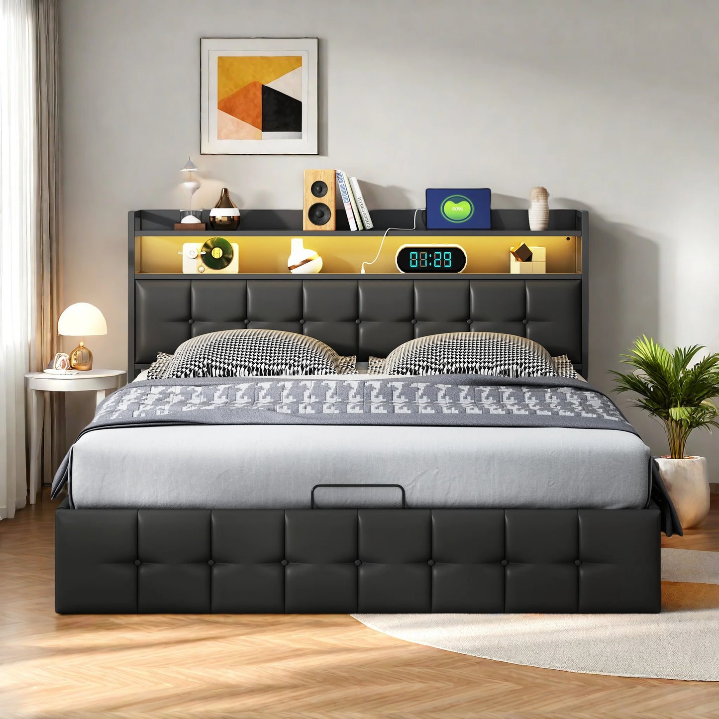 Rosahqnda Polsterbett 140 x 190 cm Doppelbett mit LED und USB, gepolsterter Bettrahmen mit Kopfteil und Lattenrost, Höhe 32 cm